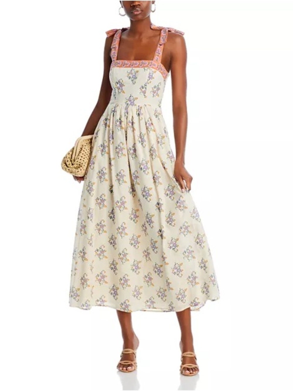 Floral Tie-Shoulder Midi Dress in Cream with Pink Trim